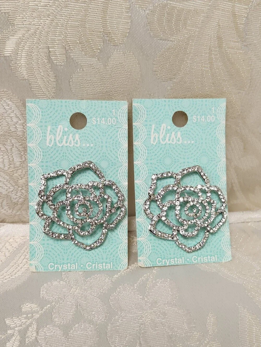 2 Rhinestone Crystal Rose Flower Buttons Brooch Sewing Crafts NWT Bliss...